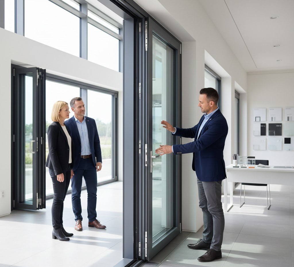Sales consultant demonstrating an aluminum bifold door system to a couple in a modern showroom, with door panels partially folded and finish samples on a nearby desk.