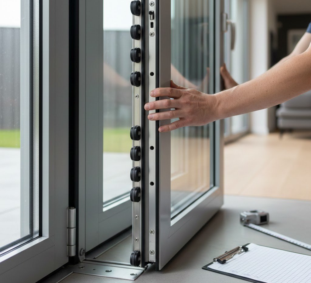 Close-up of aluminum bifold doors sliding and folding smoothly, highlighting the track, rollers, hinges, and a homeowner’s hands guiding the panels.