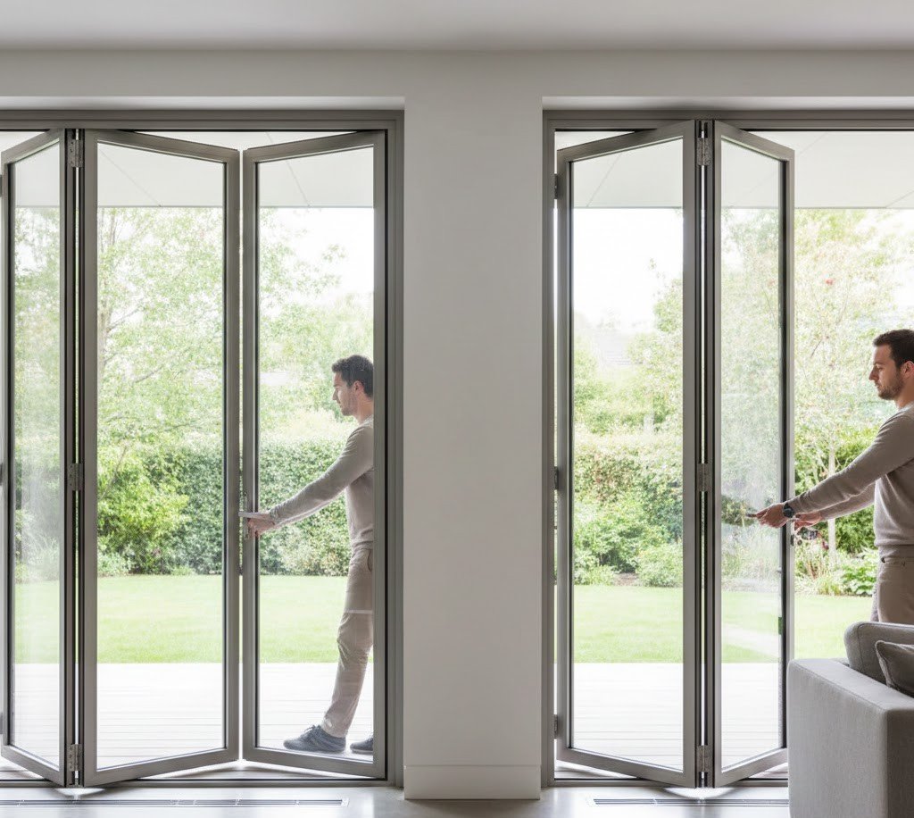 Two aluminum bifold door systems with different panel sizes being opened by a homeowner, showing larger panels versus smaller panels on the same style track.
