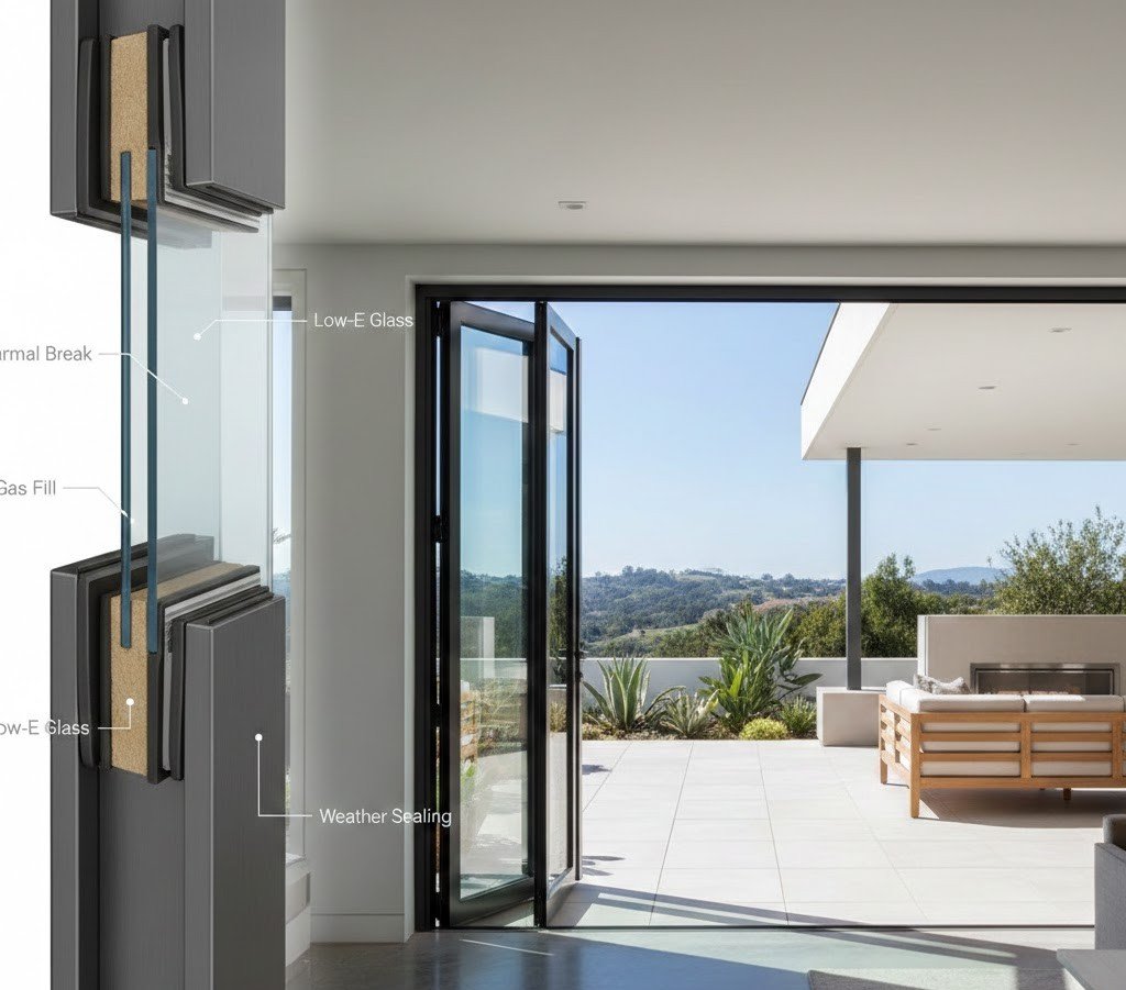 Modern aluminium bifold doors in a contemporary home, shown partially open to a patio, with a detailed cutaway illustrating a thermally broken frame, double or triple glazing with gas fill, warm edge spacer bar, and weather seals to demonstrate enhanced thermal efficiency.