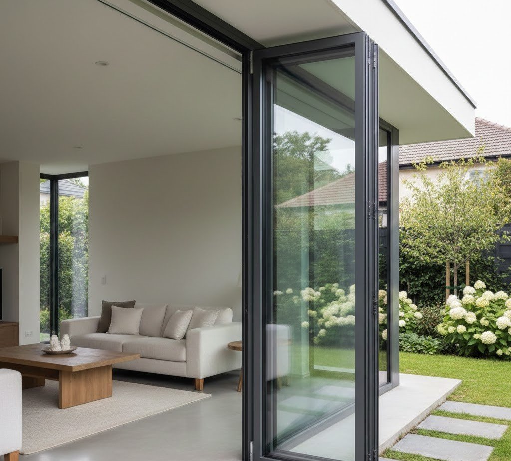 Modern aluminium bifold windows with slim thermally broken frames, partially folded open to reveal large double-glazed panels and a bright outdoor garden view in a contemporary home setting.