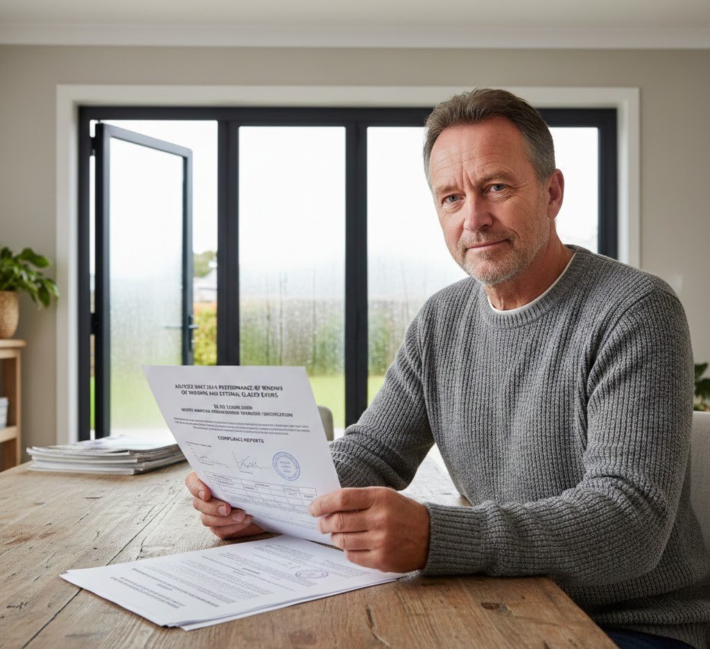 a homeowner reviewing printed window water-testing certification documents