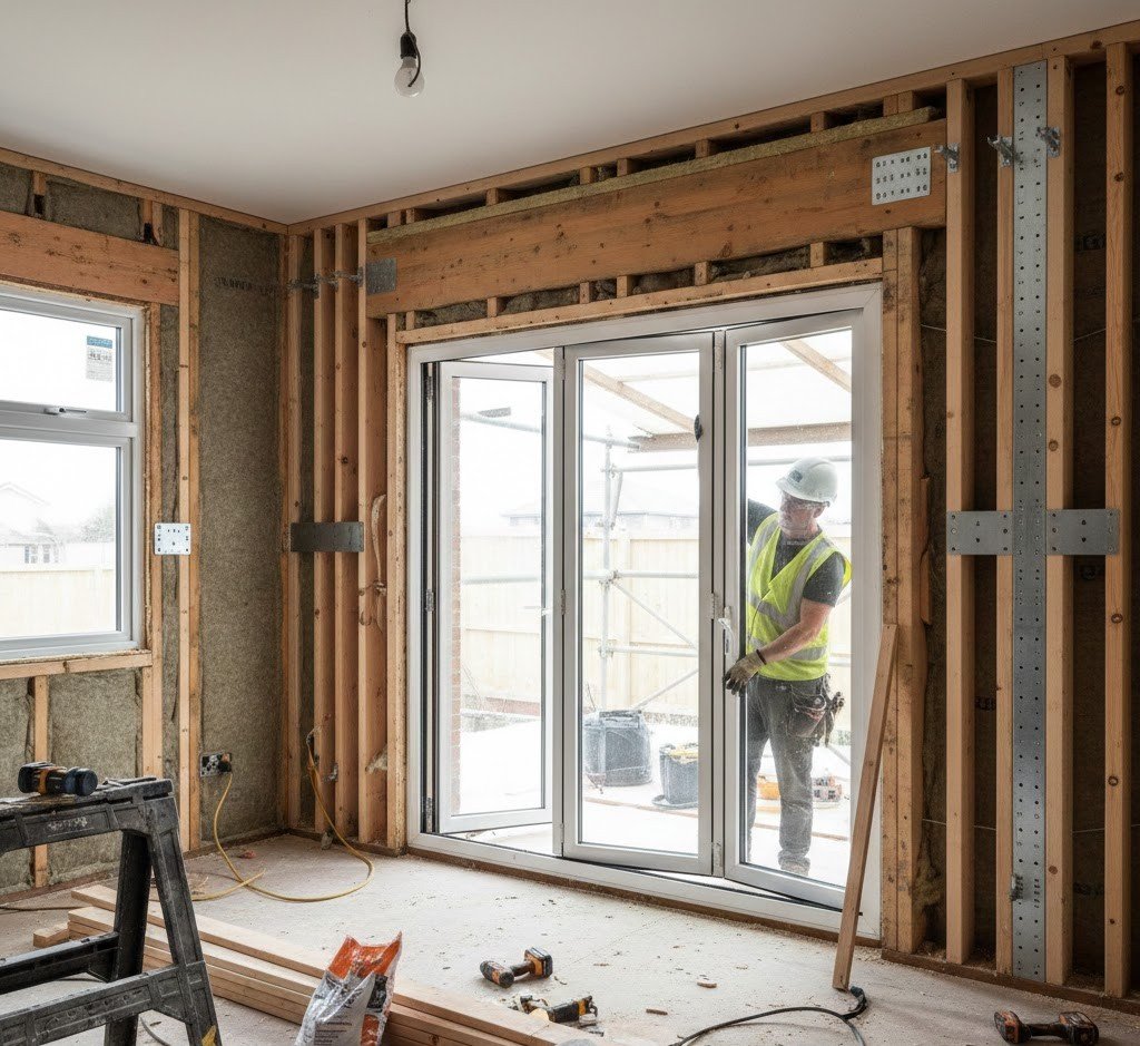 Landscape-oriented realistic photo of a fold-up window being installed in a structural load-bearing wall, with exposed framing, a visible header beam above the opening, reinforced studs on both sides, and a contractor carefully positioning the window frame in a residential renovation setting.