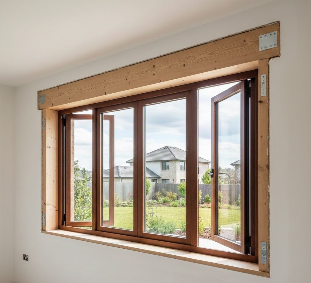 Landscape-oriented realistic photo of a fold-up window installed in a load-bearing wall, showing a reinforced structural header above the opening and solid side framing. The window is partially open, operating smoothly within a well-finished modern interior, highlighting proper structural support and stability. Is this conversation helpful so far?