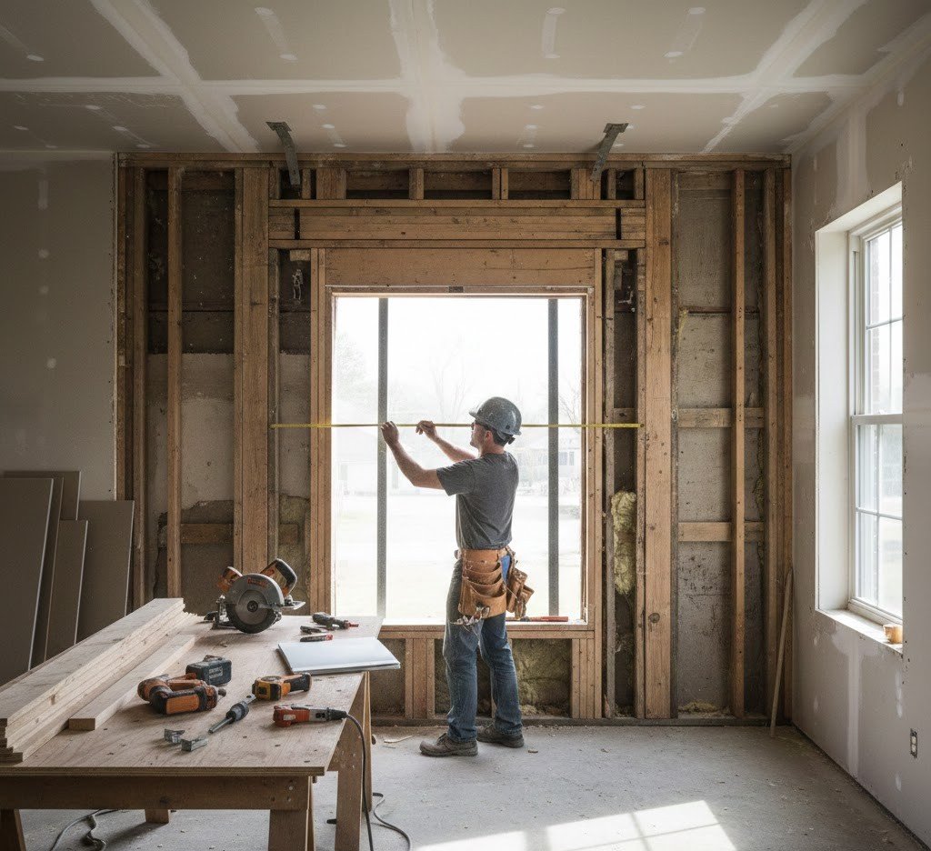 Landscape-oriented realistic photo of a modern aluminum window factory in China, showing workers assembling fold-up window frames along organized production lines. Large industrial machines, stacked aluminum profiles, finished bi-fold window panels, and Chinese safety signage are visible, creating an authentic and professional manufacturing environment.