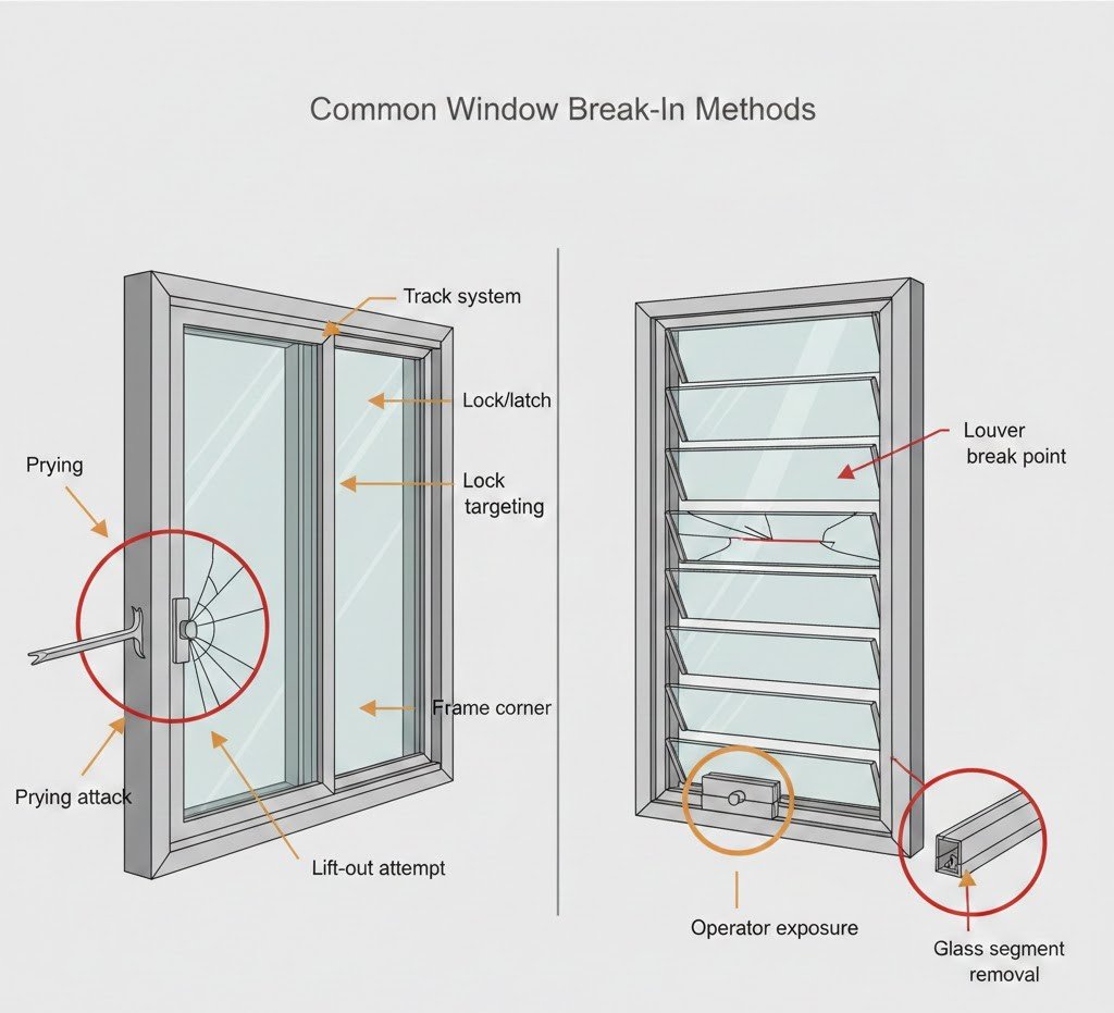 Window break-in methods showing prying, lift-out, glass break, and operator manipulation vulnerabilities.