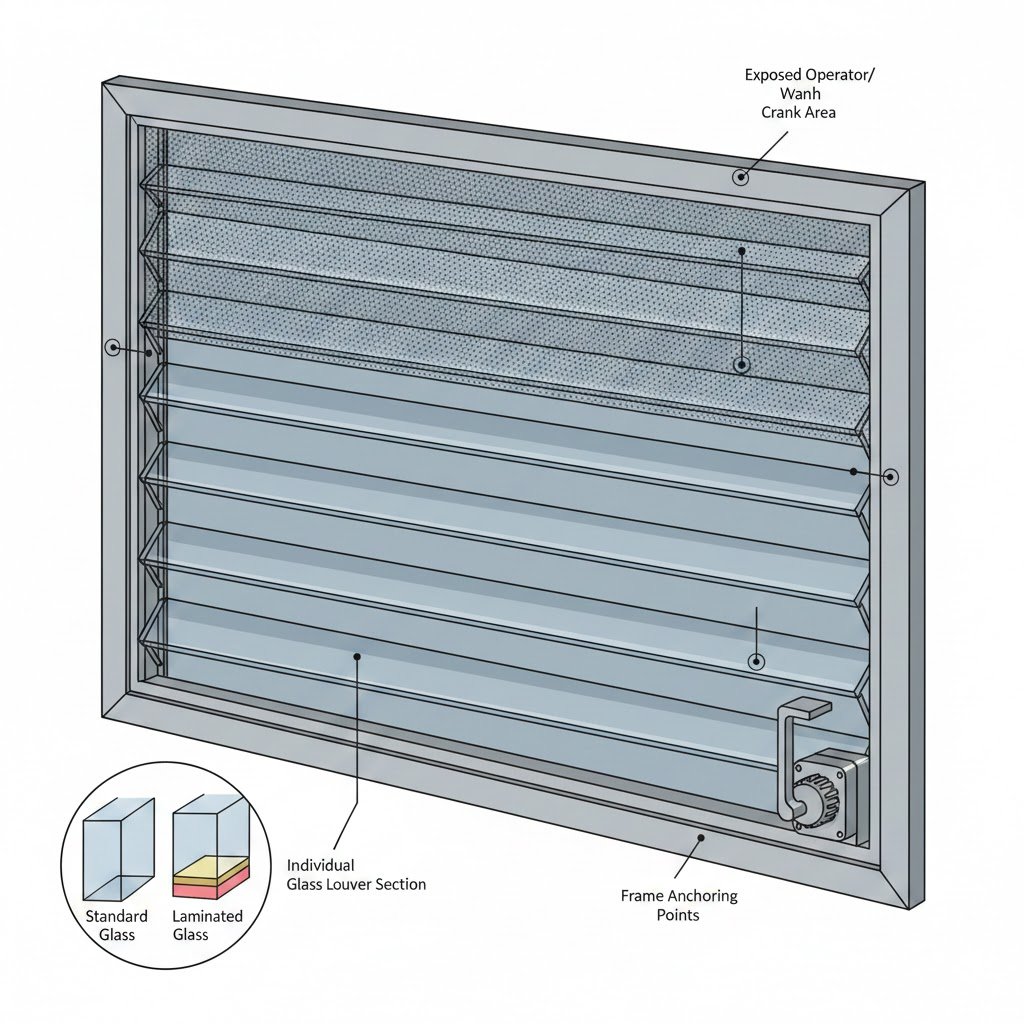 Modern jalousie window with highlighted security components and glass louvers.