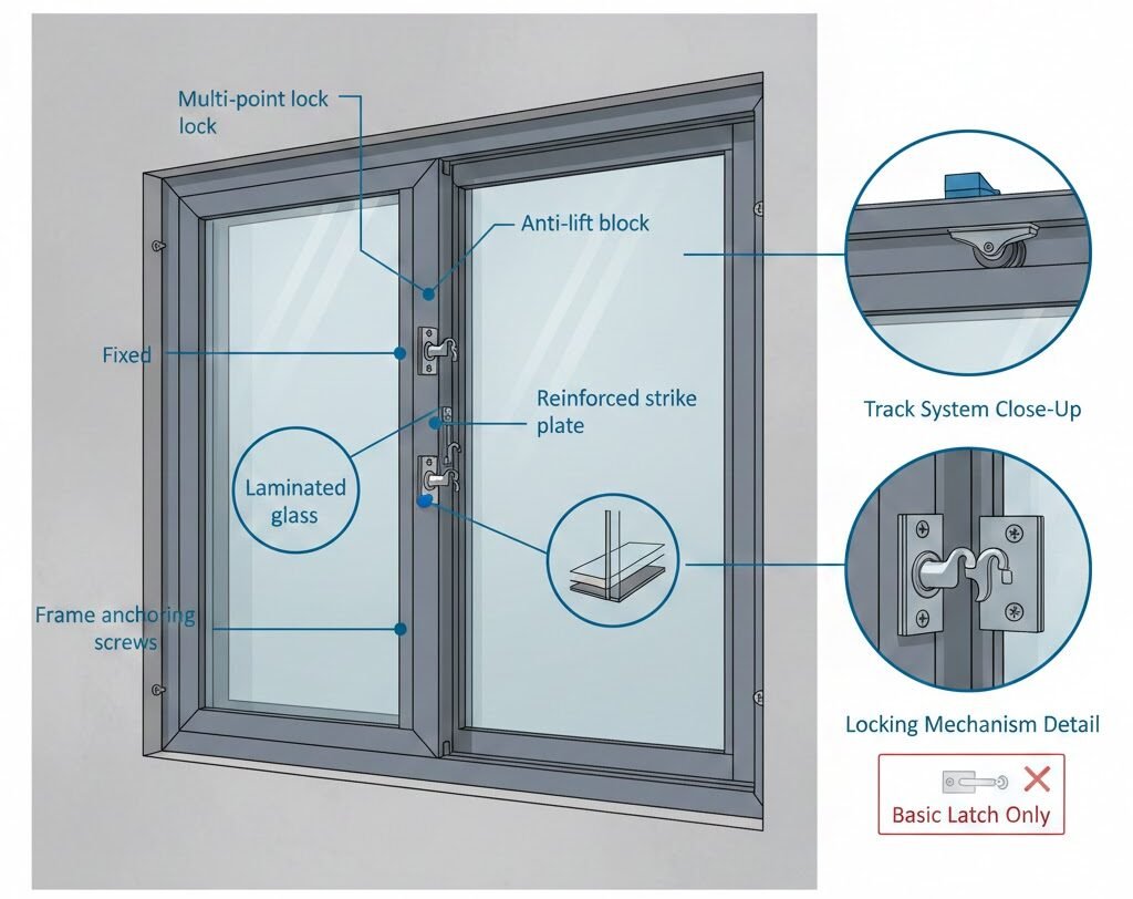 Aluminum sliding window with highlighted multi-point lock, anti-lift device, and reinforced frame details.