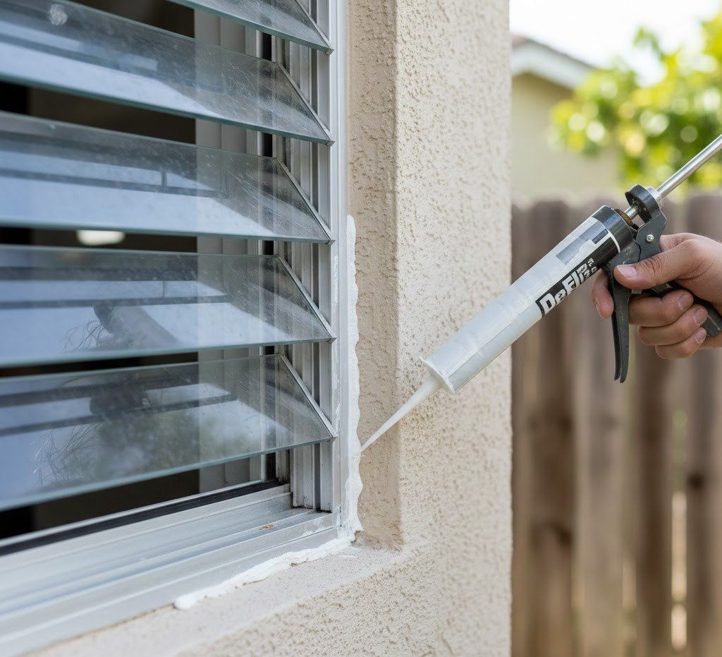Close-up of exterior caulk being applied along the perimeter of a jalousie window frame to seal gaps between the aluminum frame and the wall.