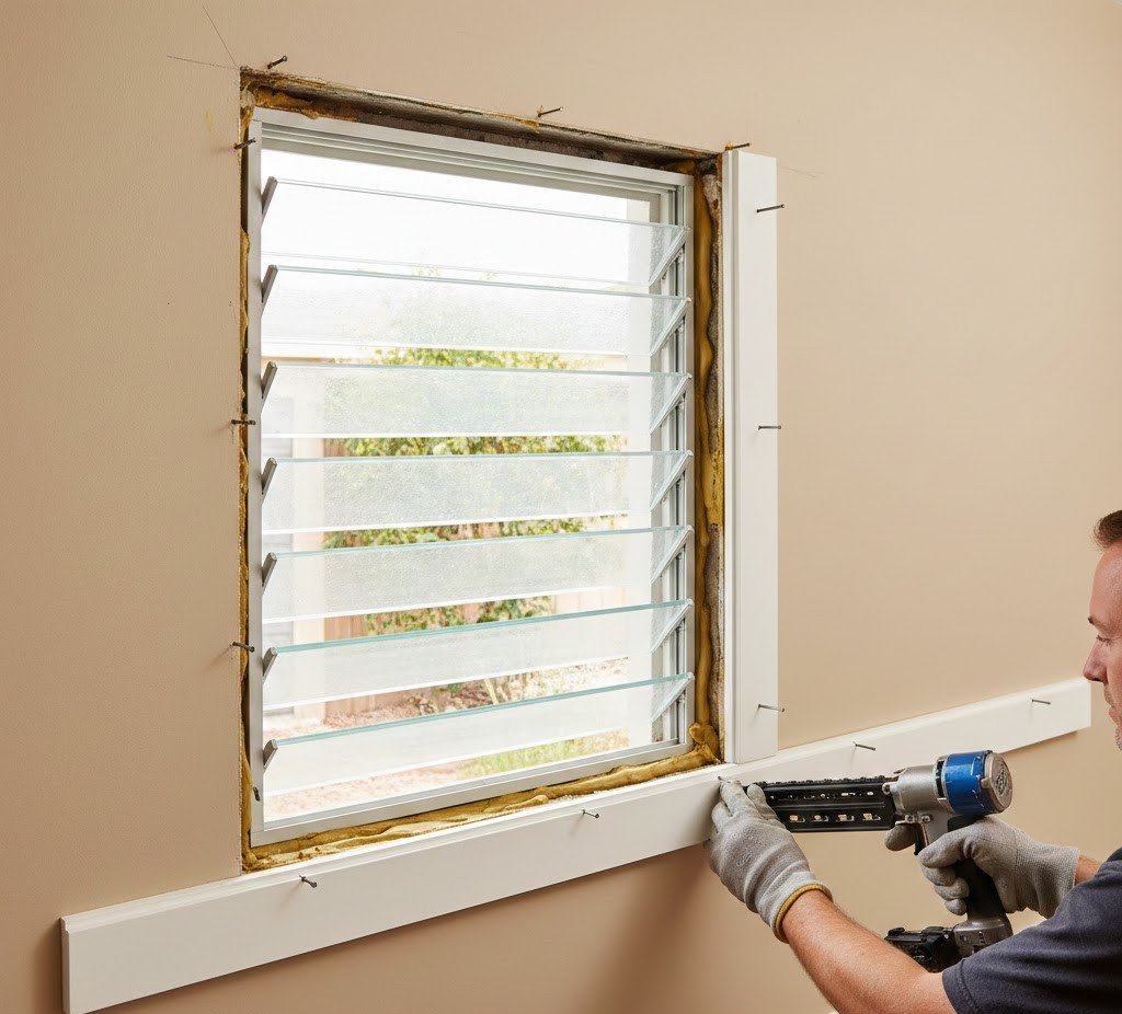 Person installing interior trim molding around a jalousie window to cover a structural gap between the aluminum frame and wall, securing the trim tightly for a finished, sealed appearance.