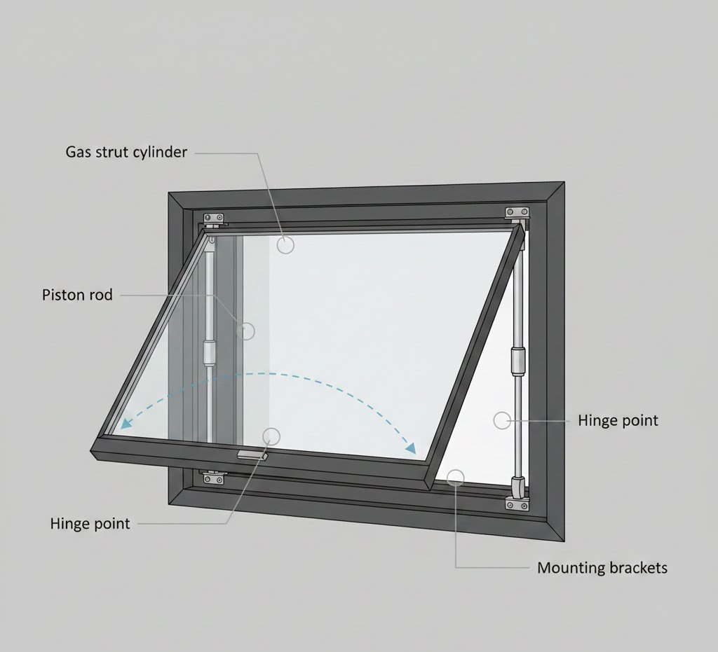 Technical illustration of an awning window partially open, supported by two extended gas struts attached between the frame and sash, with subtle callouts labeling the cylinder, piston rod, hinge, and mounting brackets.