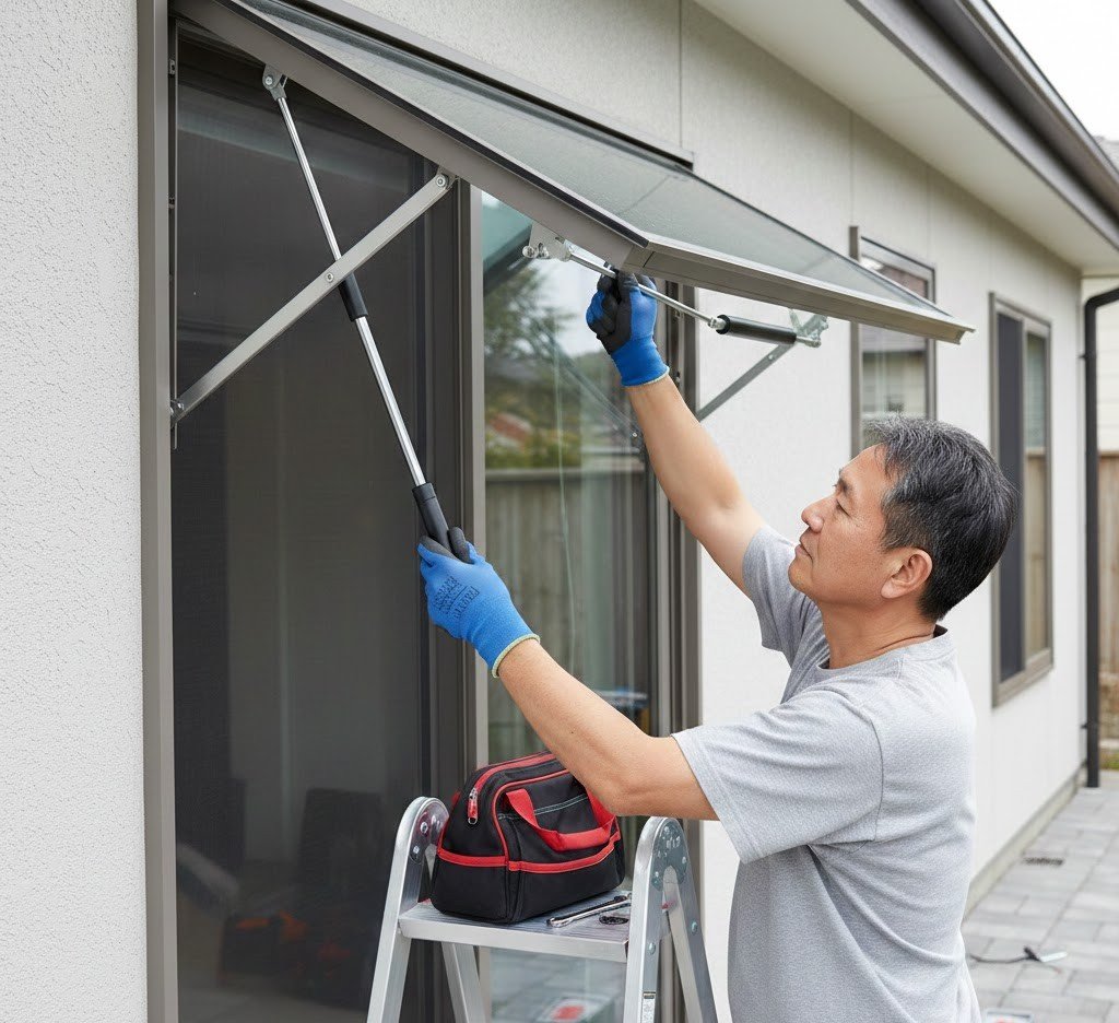 Homeowner carefully replacing a gas strut on an open awning window, supporting the sash while removing the strut from its mounting bracket with a wrench.