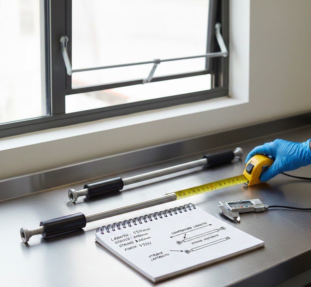 Gas strut on a workbench being measured with a tape measure and caliper, with notes showing length, stroke, and force rating, and an awning window in the background for reference.