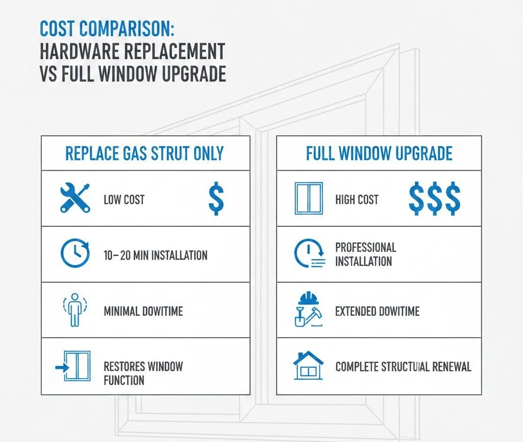 Cost comparison chart showing gas strut hardware replacement versus full aluminum window upgrade, highlighting differences in cost, installation time, and project complexity.