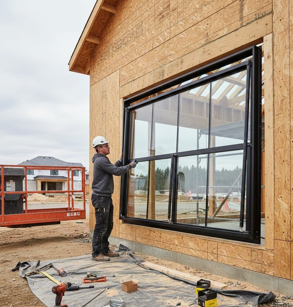 Installer preparing a gas strut window at a framed rough opening.