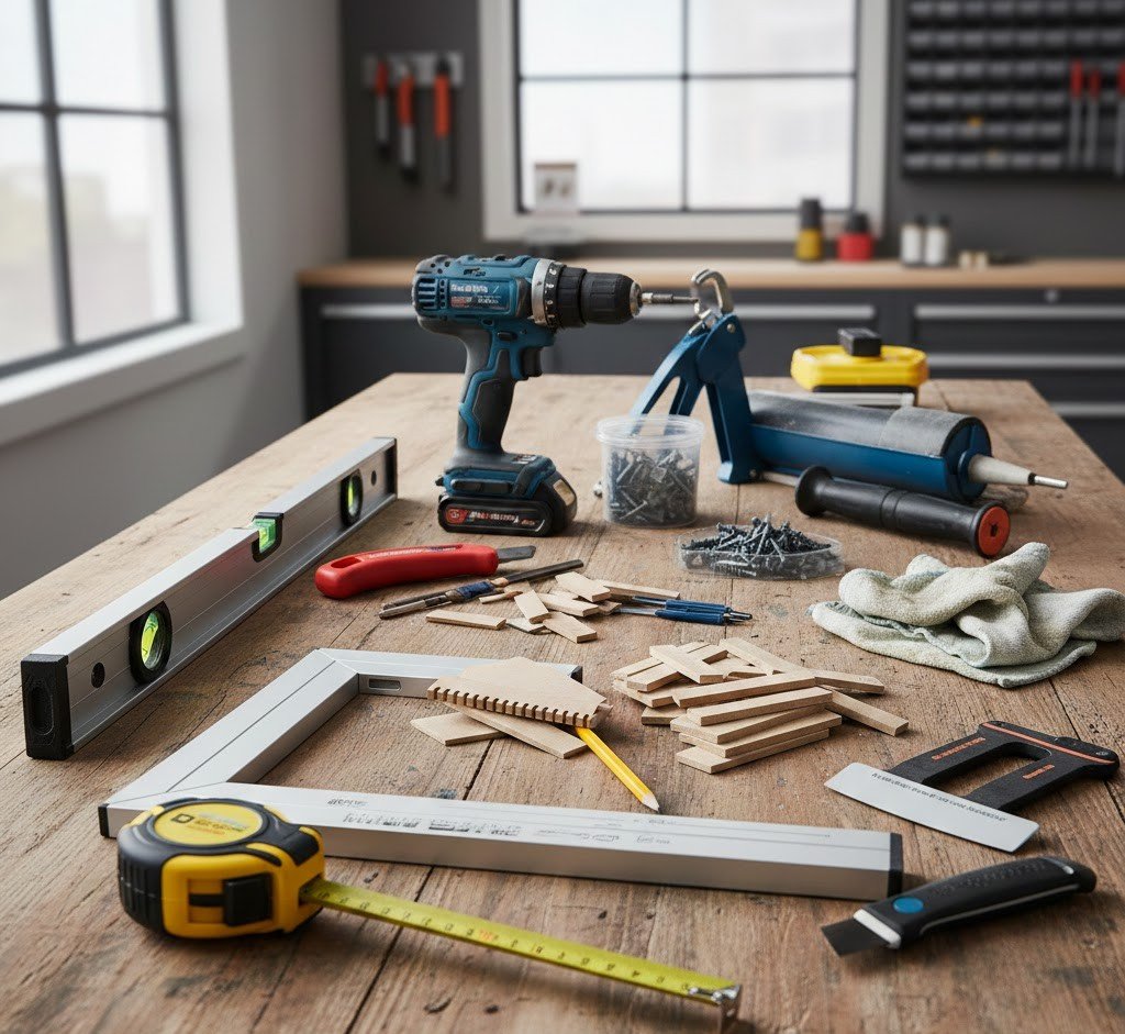 Essential gas strut window installation tools neatly arranged on a wooden workbench, including tape measure, levels, framing square, cordless drill, impact driver, drill bits, anchors, utility knife, caulk gun, flashing tape roller, shims, sealant tools, and rags in a well-lit workshop setting.
