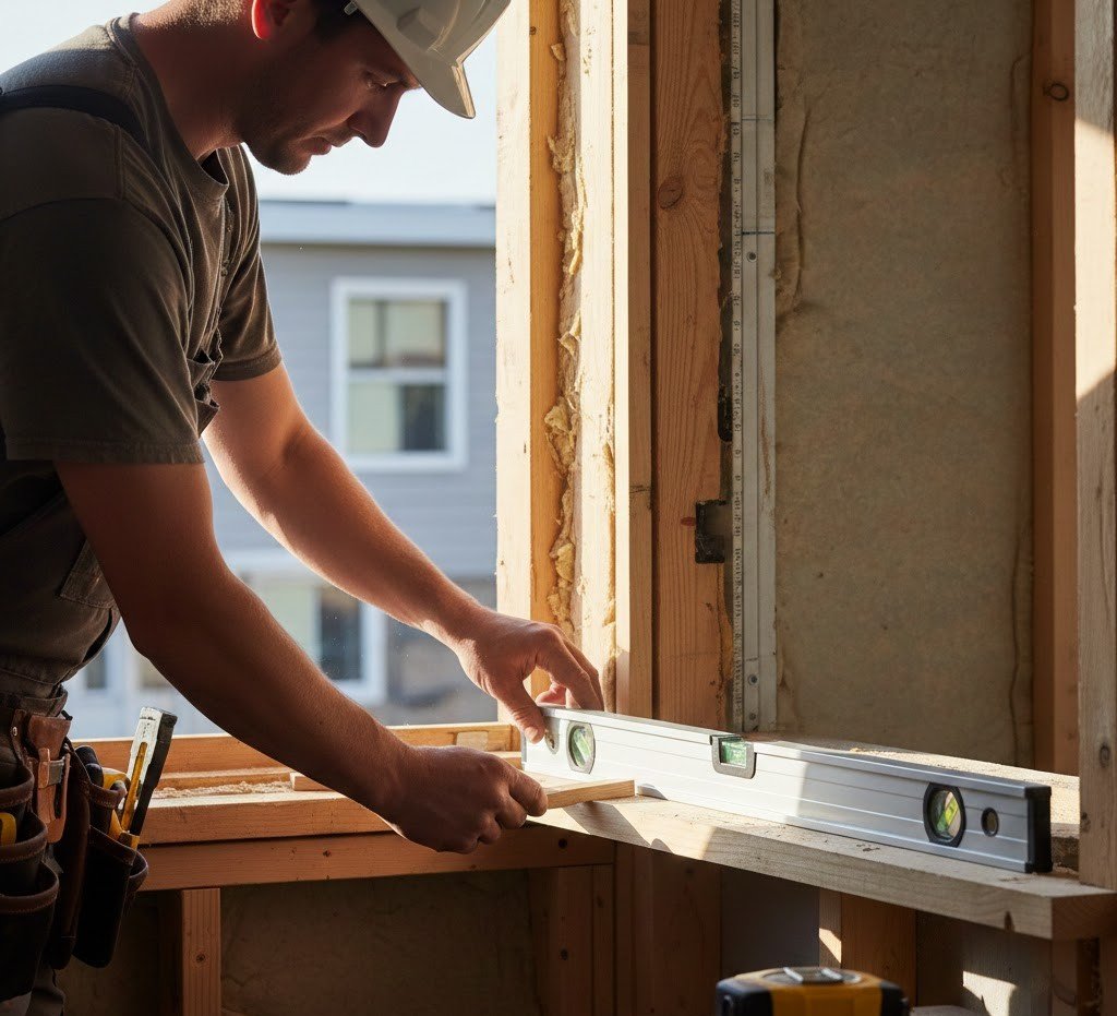 Checking plumb and level on a rough opening before setting the window
