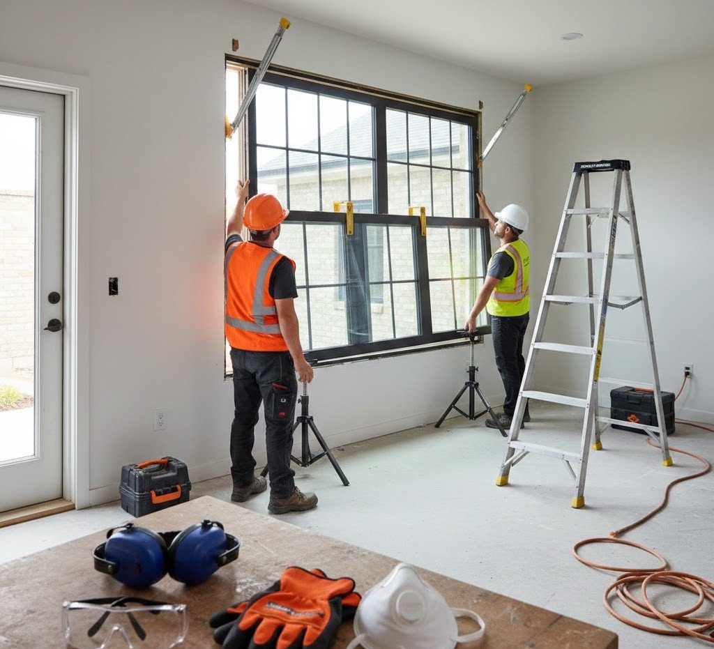 Two-person handling with PPE for safe positioning of a heavy window unit
