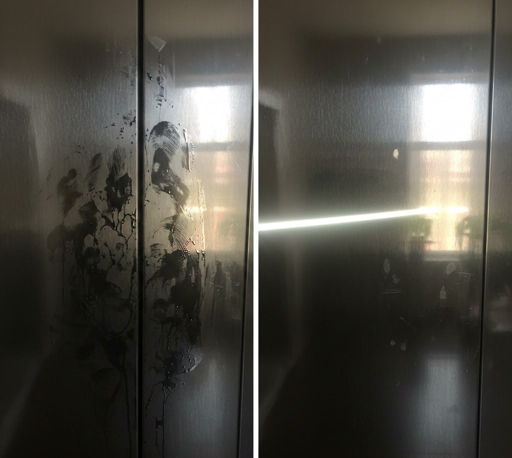 Side-by-side split photo: left shows fingerprints on glossy/dark aluminum; right shows the same door after wipe—shot from the same angle to show light reflection differences.