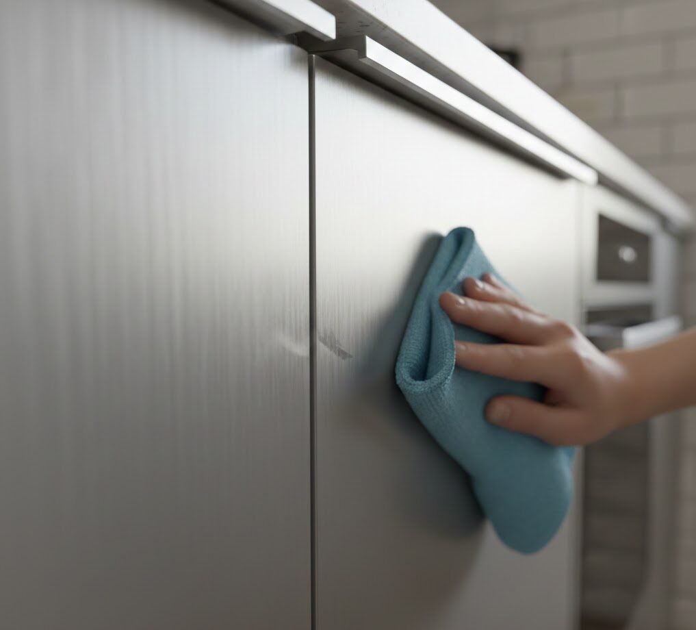 Photorealistic close-up of a modern aluminum cabinet door in a real kitchen, viewed at a slight angle with soft natural window light grazing the surface to reveal faint vertical cleaning streaks and a subtle fingerprint smudge near the handle area. A clean microfiber cloth is held in one hand at the edge of the frame as if about to buff, with a neutral countertop and blurred background.