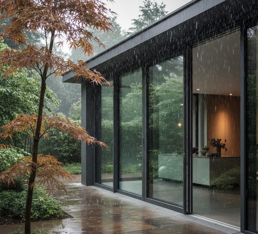 swing sliding door during light rain.