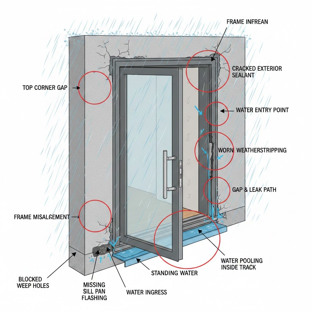 professional cutaway technical illustration of a modern swing sliding door (PD door) installed in an exterior wall during heavy rain. Show labeled problem areas where water leaks commonly occur. Include visible wind-driven rain hitting the exterior.
