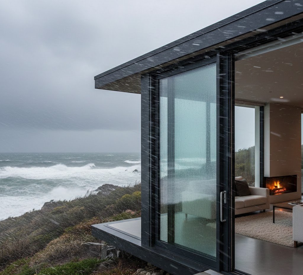modern coastal home with a large aluminum swing sliding door (PD door) installed facing the ocean. The scene shows heavy wind-driven rain hitting the exterior glass during a storm. The door is fully closed and appears structurally solid, with visible multi-point locking hardware and tight compression seals along the frame.