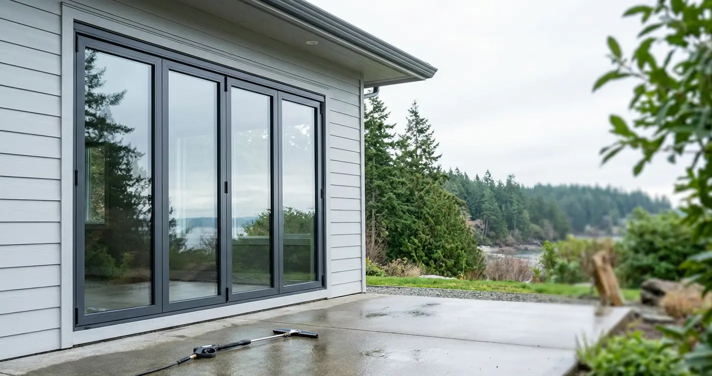 Modern home with aluminium bifold windows fully opened to connect indoor living space with an outdoor patio