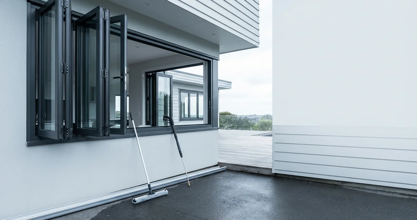 A contemporary house with fully open aluminum bifold windows that link the internal living area to the outdoor patio