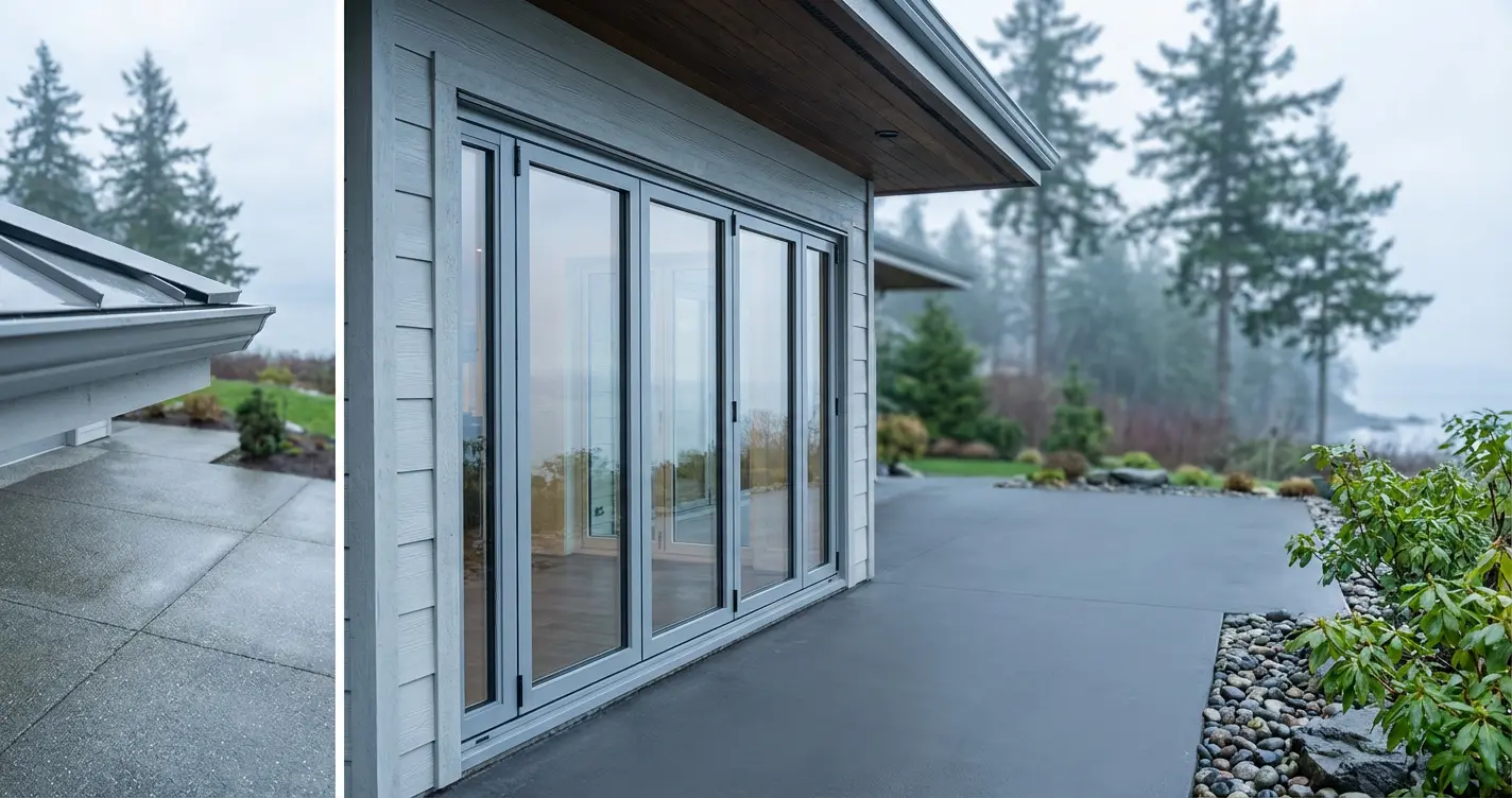 A light interior living area and an outside patio are connected by modern aluminum bifold doors that are fully open.