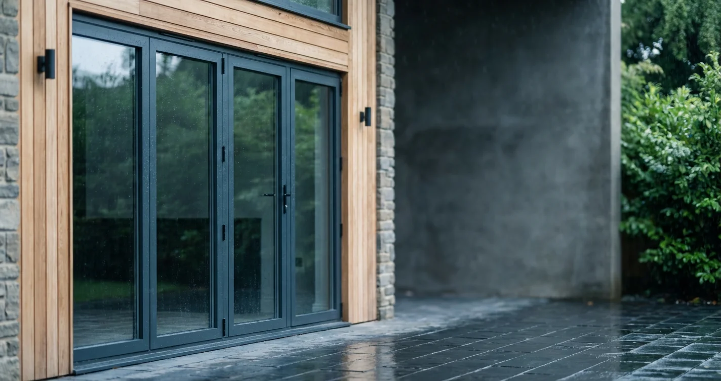 Modern aluminium bifold doors fully opened to connect a bright indoor living area with an outdoor patio space