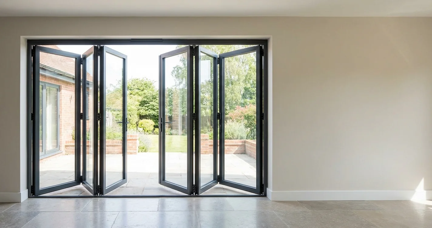 In a contemporary home, aluminum folding doors open to link the internal living area with the outdoor patio.