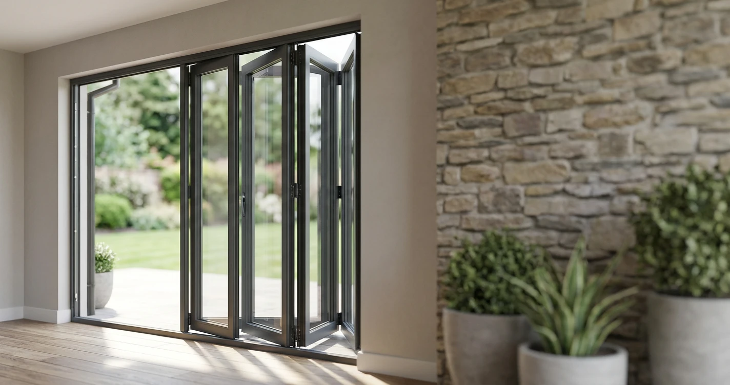 Aluminium folding doors opened to connect indoor living space with an outdoor patio in a modern home.