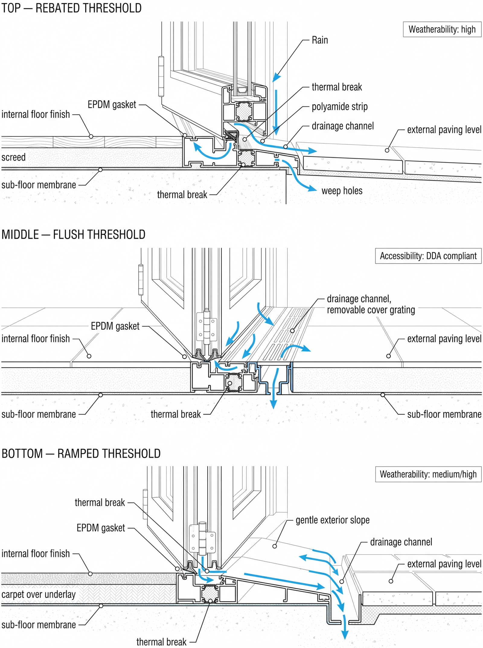 Engineering cross-section showing rebated, flush, and ramped aluminium bifold door threshold types with drainage paths