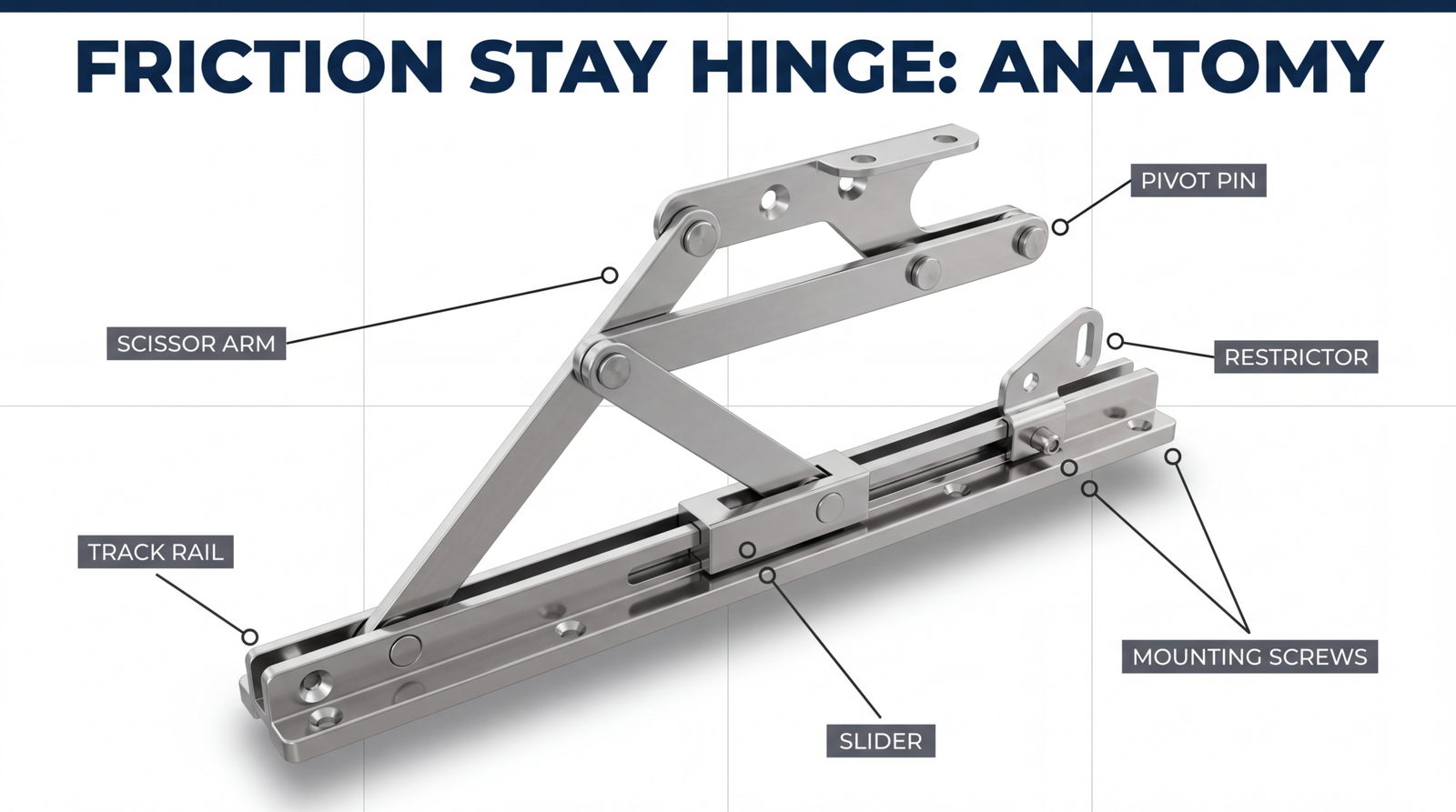 Friction stay casement window hinge mechanism with labelled track rail, slider, scissor arm, pivot pin, and restrictor