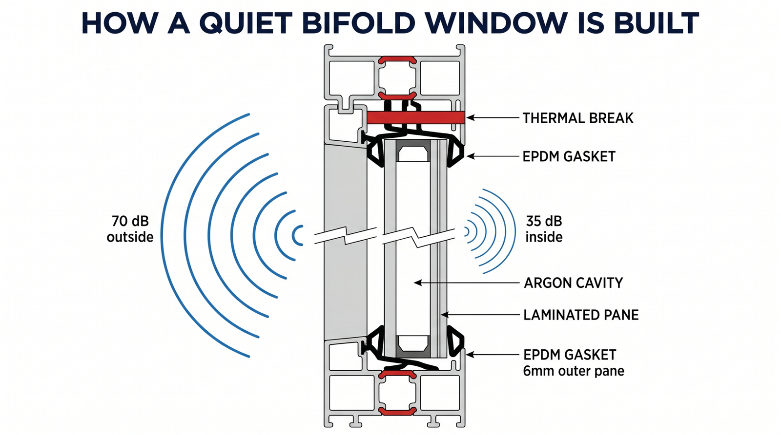 Cross-section of an aluminium bifold window showing thermal break, EPDM gaskets, laminated double-glazed unit, and incoming and outgoing sound wave intensity