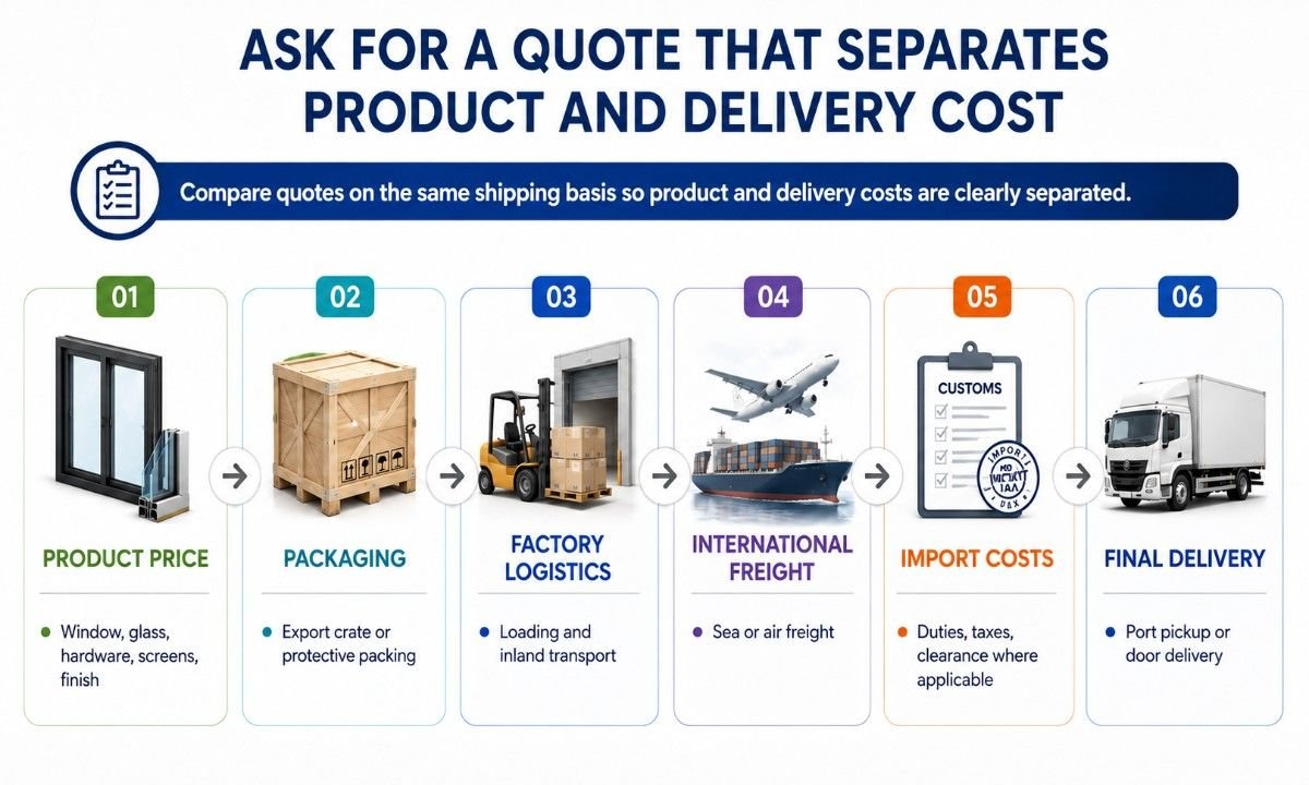 Infographic showing six cost layers from window product price and packaging to freight, import costs, and final delivery.