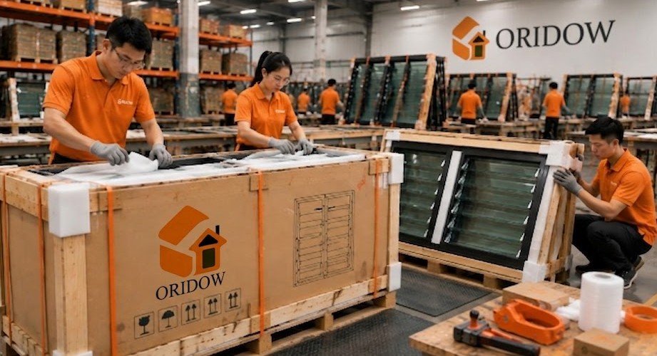 Workers in a manufacturing facility carefully applying protective packaging layers to jalousie window units. The image shows team members securing wooden crates with foam corner protection, wrapping materials, and preparing window assemblies for safe transportation and shipment.