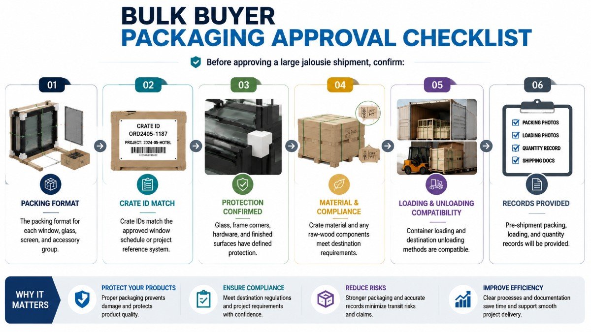 Infographic titled “Bulk Buyer Packaging Approval Checklist” showing six key steps for approving large jalousie shipments: packing format, crate ID matching, protection confirmation, material and compliance checks, loading and unloading compatibility, and required records. The checklist includes packaging illustrations, shipping documentation icons, and a bottom section highlighting benefits such as product protection, compliance assurance, risk reduction, and improved project efficiency.
