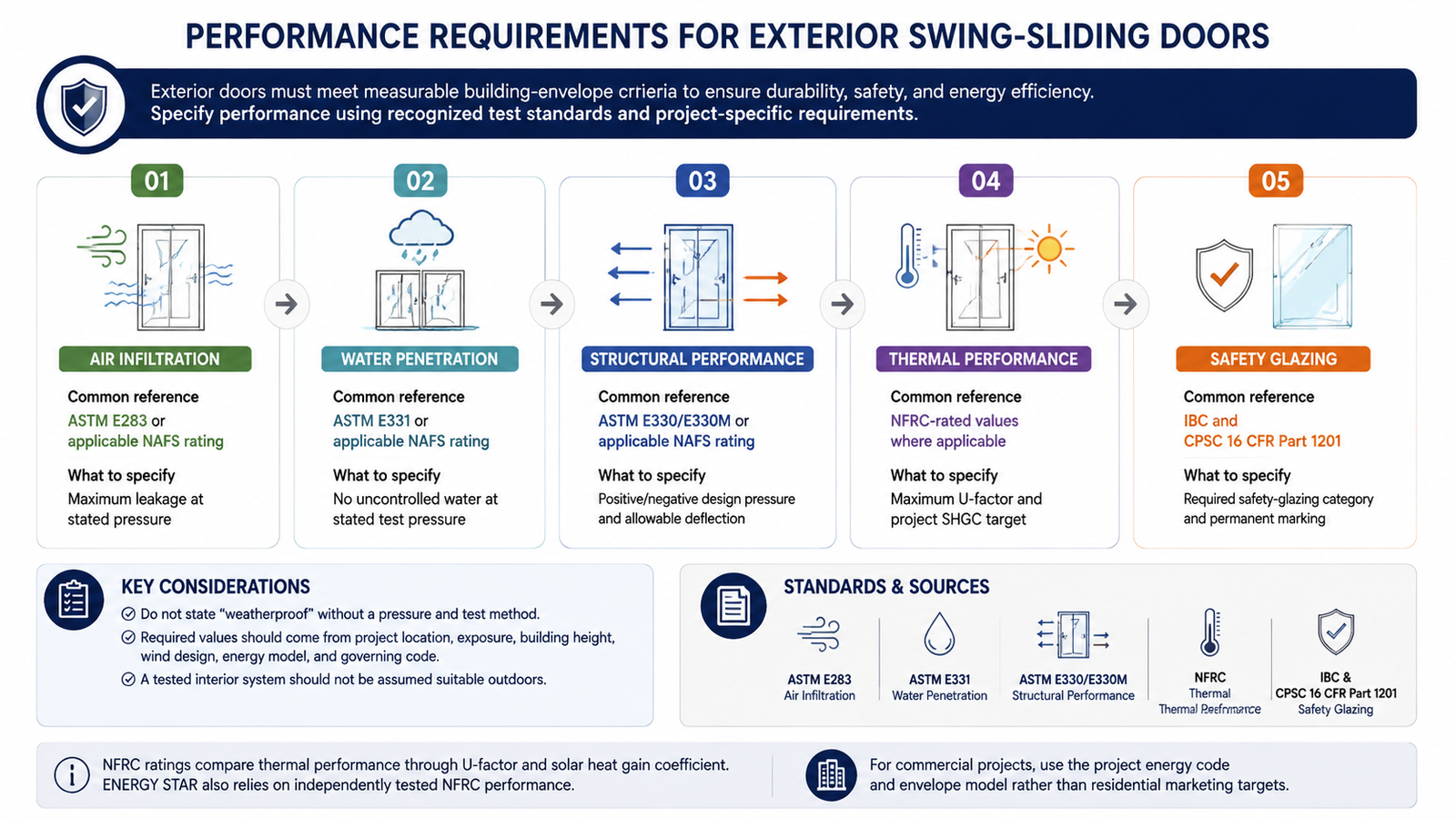 Infographic titled “Performance Requirements for Exterior Swing-Sliding Doors” explaining key performance criteria for exterior doors, including air infiltration, water penetration, structural performance, thermal performance, and safety glazing. The graphic highlights testing standards such as ASTM E283, ASTM E331, ASTM E330/E330M, NFRC ratings, IBC, and CPSC 16 CFR Part 1201, along with specification requirements, key considerations, and industry reference sources for commercial door projects.
