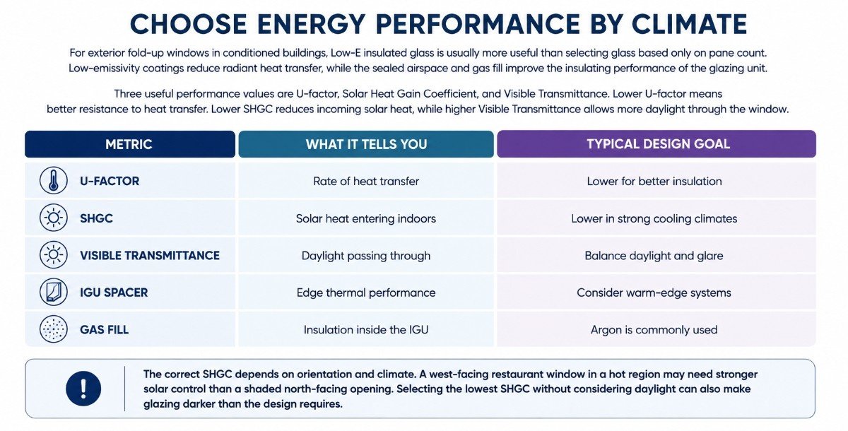 Infographic explaining U-factor, SHGC, visible transmittance, IGU spacers, and gas fill for climate-based window glass selection.