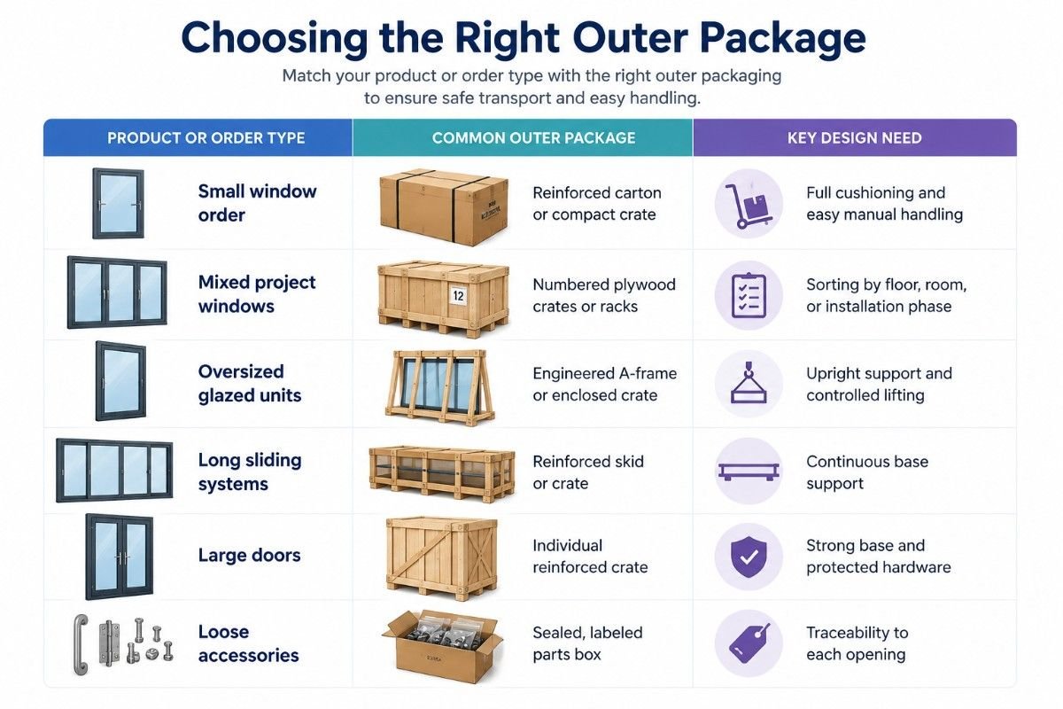 Infographic comparing packaging options for different window, door, and accessory types with key handling requirements.