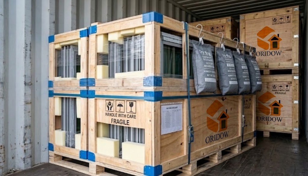 Wooden shipping crates containing window units secured inside a sea freight container with protective foam padding, corner guards, and moisture-control bags. The image shows packaged window products prepared for international transport with labels indicating fragile handling and protection against shipping conditions.