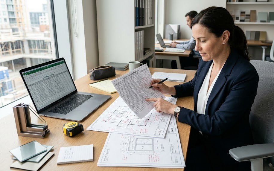 Woman reviewing a printed schedule and construction drawings at an office desk before submission.