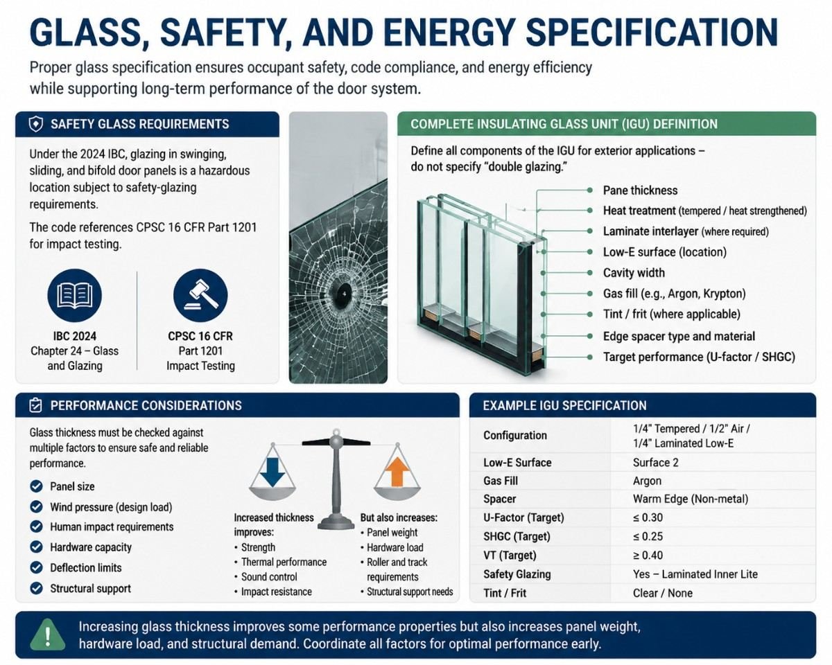 Infographic titled “Glass, Safety, and Energy Specification” explaining glass requirements for door systems, including safety glazing standards, insulating glass unit (IGU) components, performance considerations, and example IGU specifications. The graphic highlights IBC 2024 and CPSC 16 CFR Part 1201 safety requirements, glass thickness factors, Low-E coatings, gas fills, spacers, U-factor, SHGC targets, and the impact of glass thickness on weight, hardware, and structural performance.