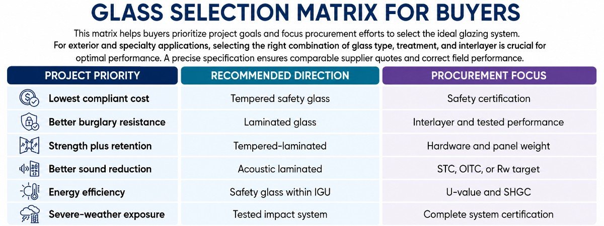 Glass selection matrix comparing project priorities with recommended glass types and procurement focus.