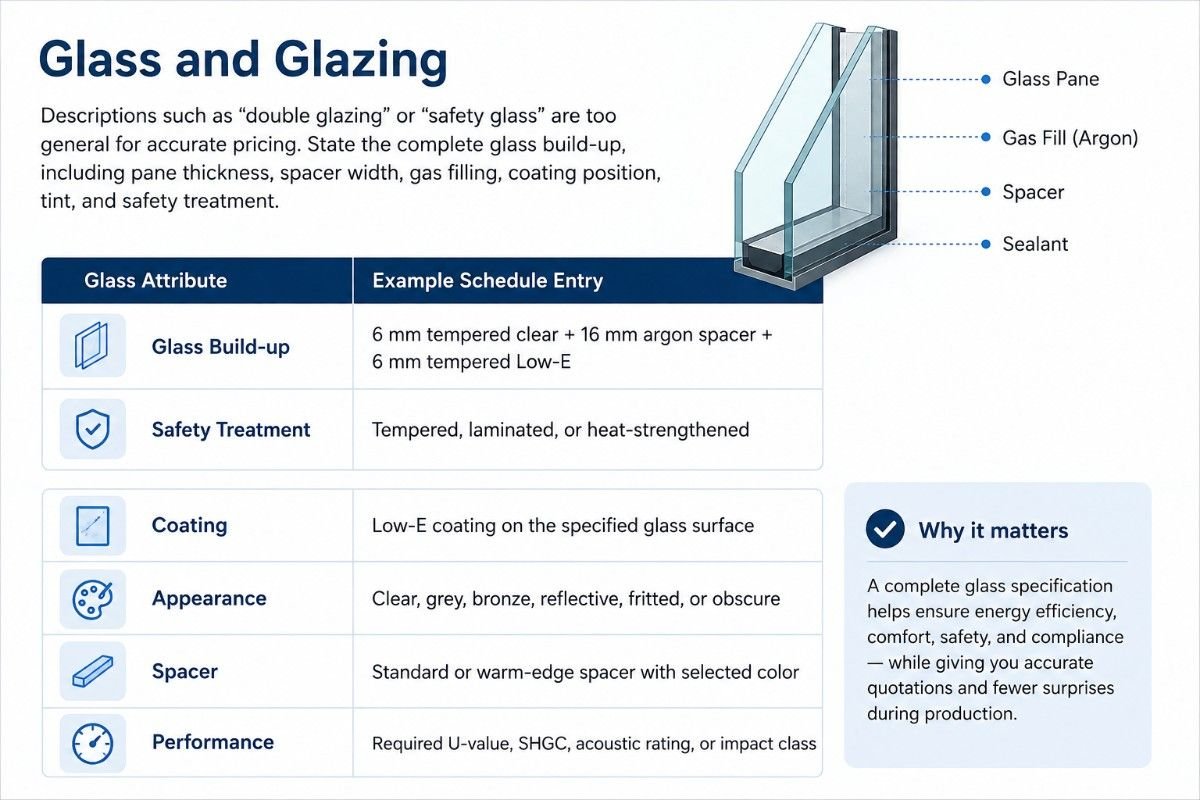 Diagram explaining insulated glass build-up, including panes, argon gas, spacer, sealant, coatings, safety treatment, appearance, and performance requirements.