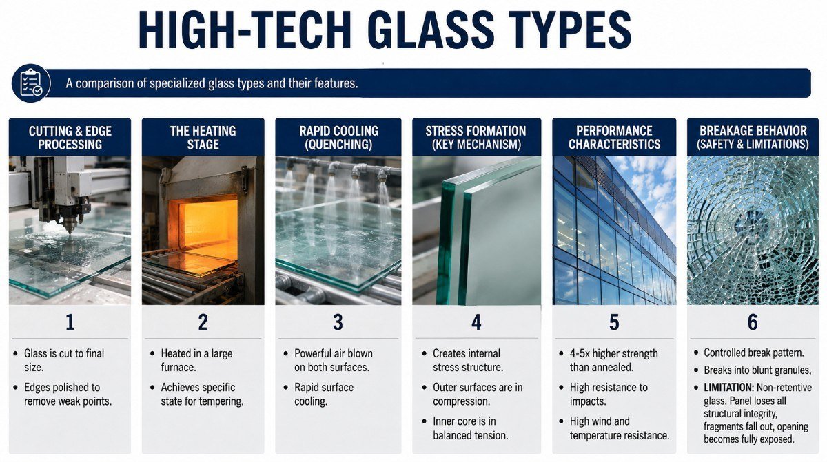 Infographic showing six stages of tempered glass production and performance using realistic photos: CNC cutting and edge processing, furnace heating, rapid air quenching, internal stress formation, strength and weather resistance, and tempered-glass breakage into small blunt granules. Each section includes a numbered heading and short explanatory bullet points.