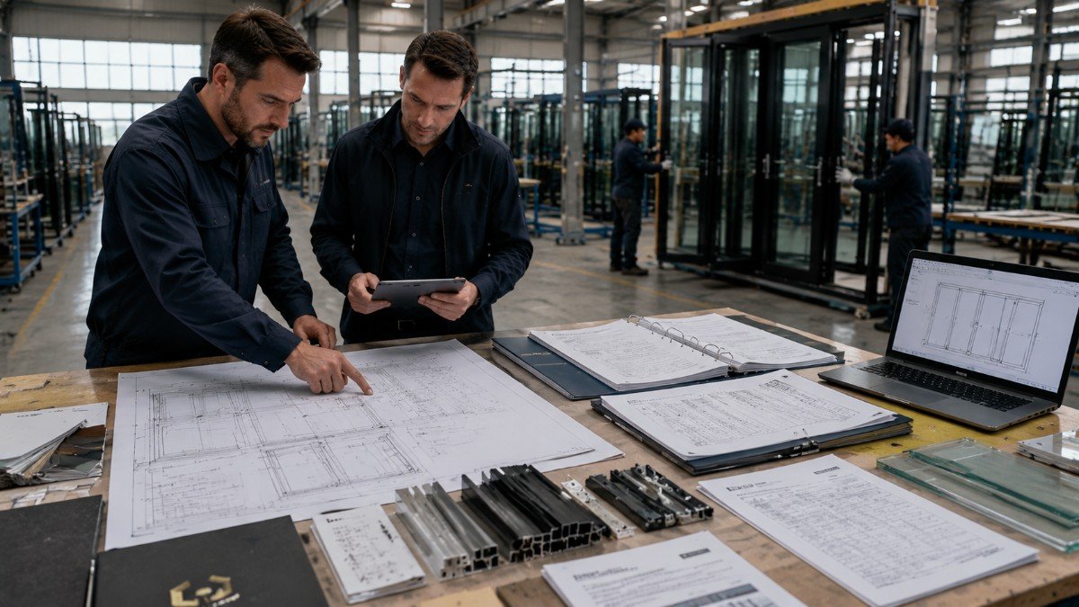 Manufacturing team evaluating a swing-sliding door system in a factory, reviewing architectural drawings, technical documents, CAD designs, and door frame components on a worktable. The image shows engineers inspecting specifications and quality details in a production facility with glass door assemblies in the background.