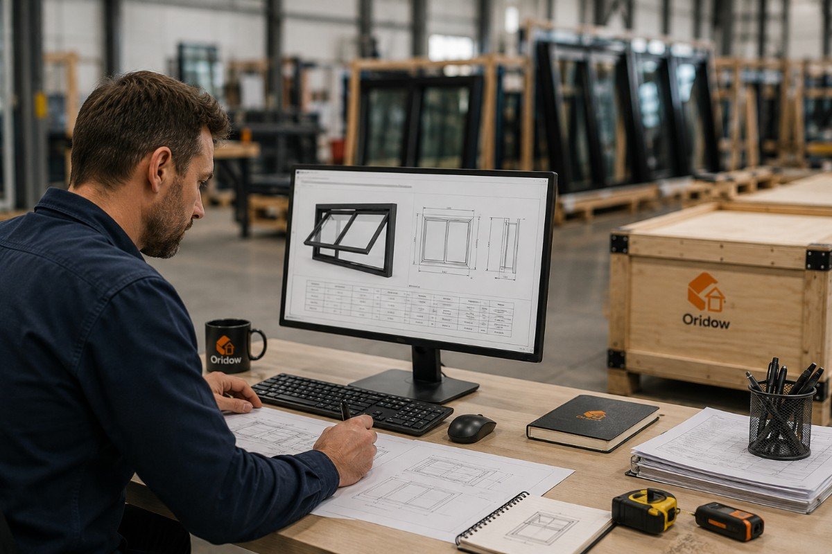 Construction window expert preparing a fold-up window schedule at a workstation, reviewing technical drawings and a window design on a computer in a modern manufacturing warehouse.
